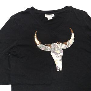 Ariat Women Long Sleeve Shirt Black Cotton Top Longhorn Sequin Western Boho